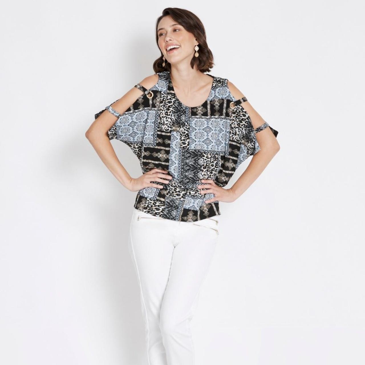ROCKMANS Patchwork Print Eyelet Split Sleeve Cold… - image 2