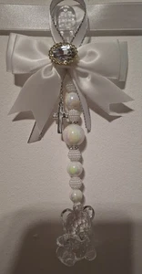 **new**white bling unisex clear teddy Baby pram charm mixed beads white bow cros