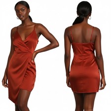 Lulus Satin Wrap Mini Dress Womens XL Rust Asymmetrical Glam Formal Cocktail
