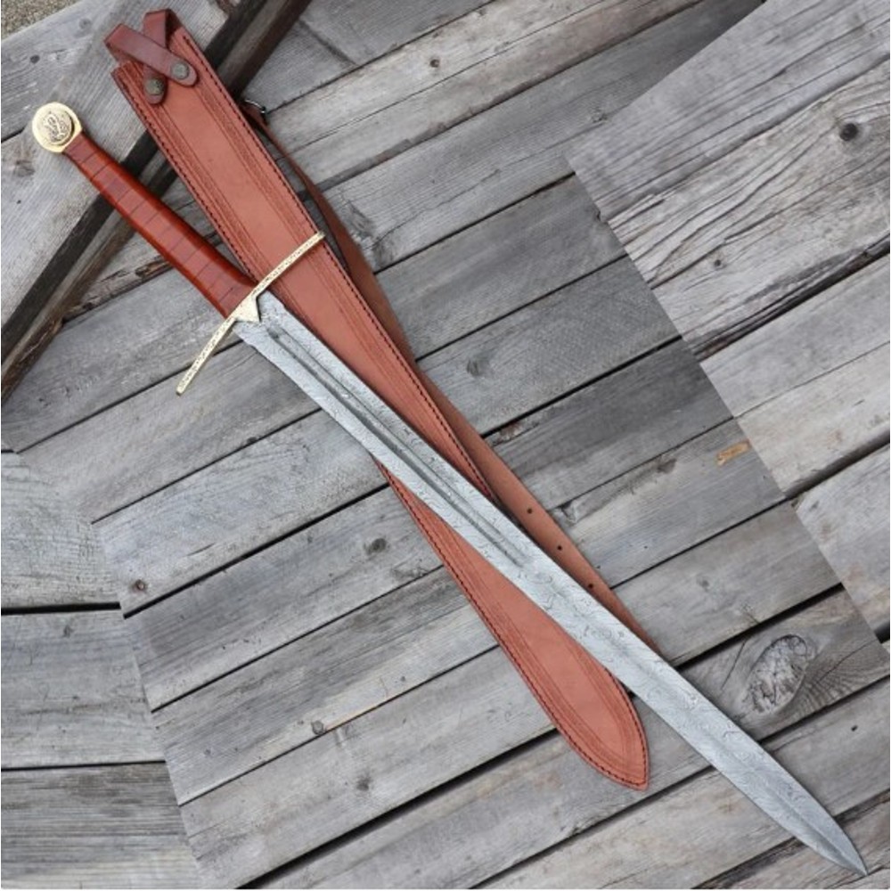 Espada Larga Vikinga 30" Damasco Hoja de Acero Cuero Mango Funda, Regalo para Él