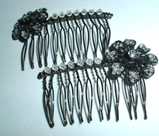 Pair White Crystal Flower Black Metal Slide Hair Combs New w Tag
