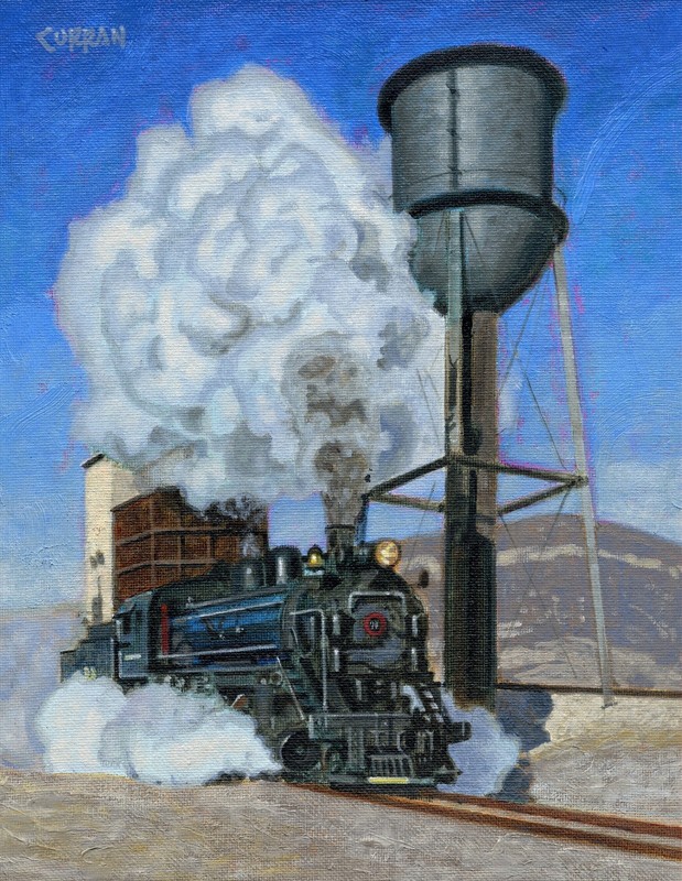 ORIGINAL OIL PAINTING, STEAMING LOCOMOTIVE, RAILROAD TRAINS, listed artist NR!