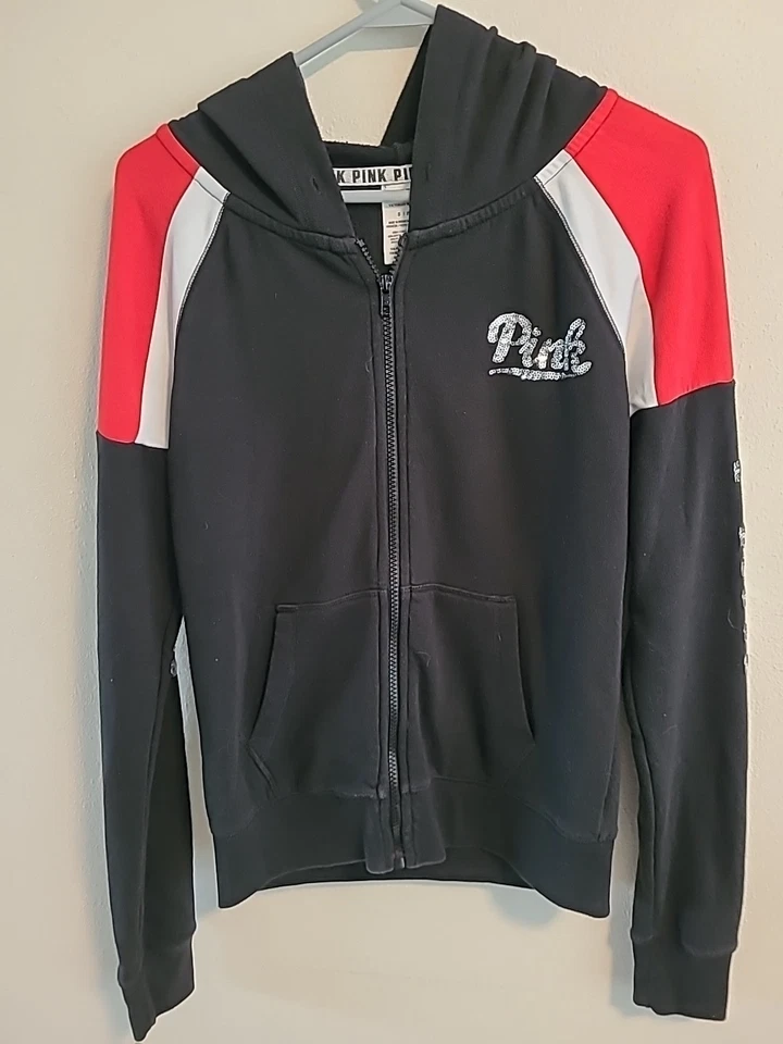 Victoria's Secret PINK Sequins Bling Full Zip Hoodie Black Red White Sz Small - Image 3 of 4