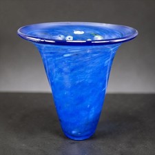 Hand Blown Cobalt Blue Swirl Glass Trumpet Vase Flared Rim Artisan Decor 7inch