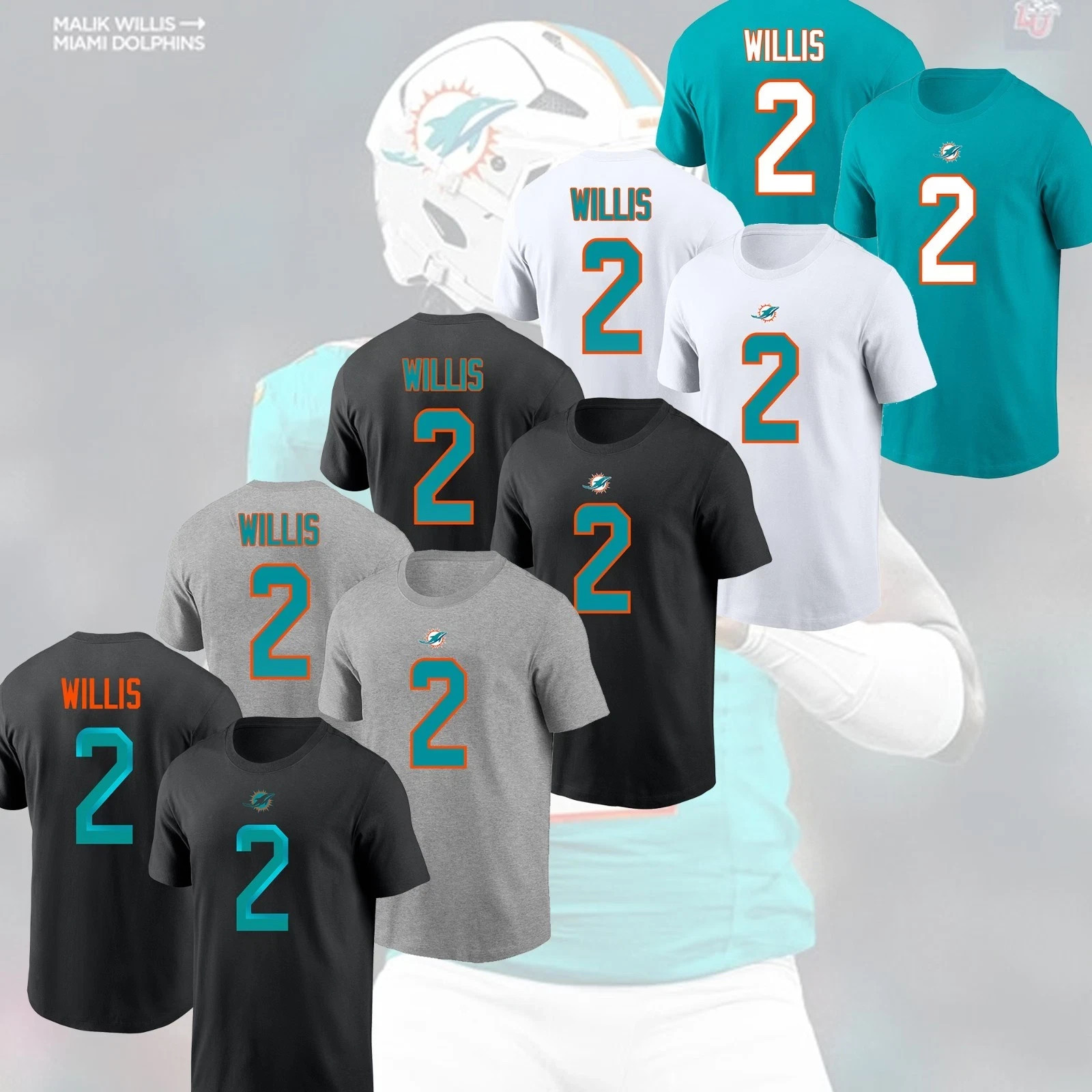 SALE OFF - Malik Willis #2 Miami Dolphins Team 2026 Player Name and Number