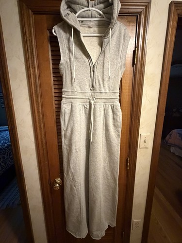 Free People movement Gray Fleece Sleeveless Hooded Half-Zip Wide-Leg Jumpsuit S