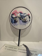 Chinese Round Hand Fan Embroidered Fishing Scene Silver Tassel New 8  Diameter