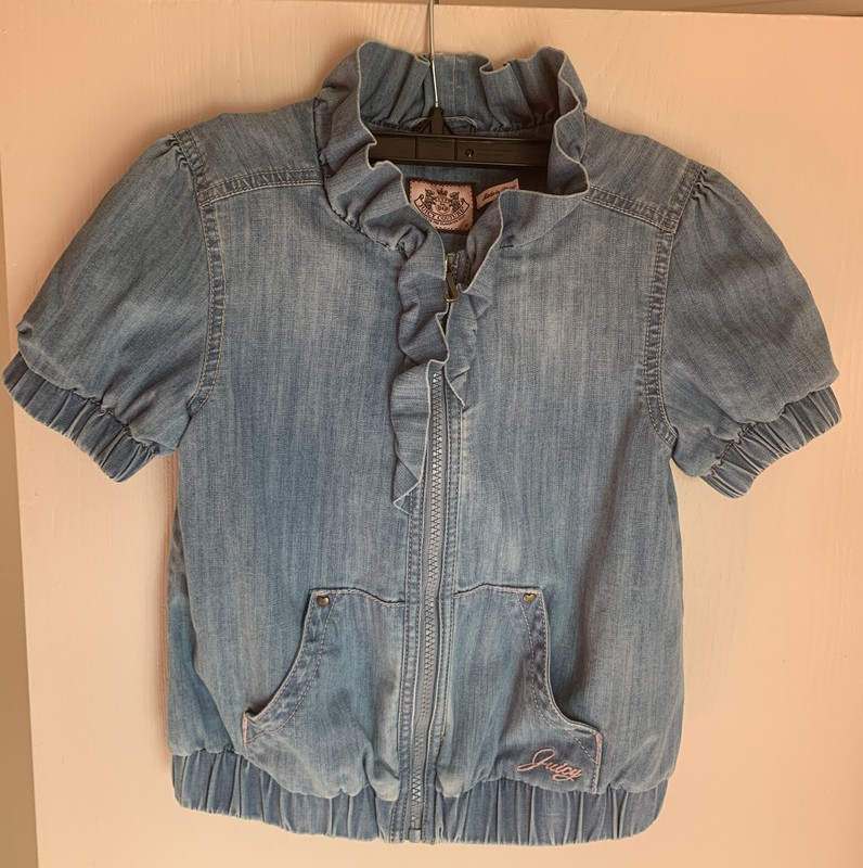 EUC Juicy Couture Denim Top Girls Short Sleeve Jean Jacket Zip Up Lined Size 8