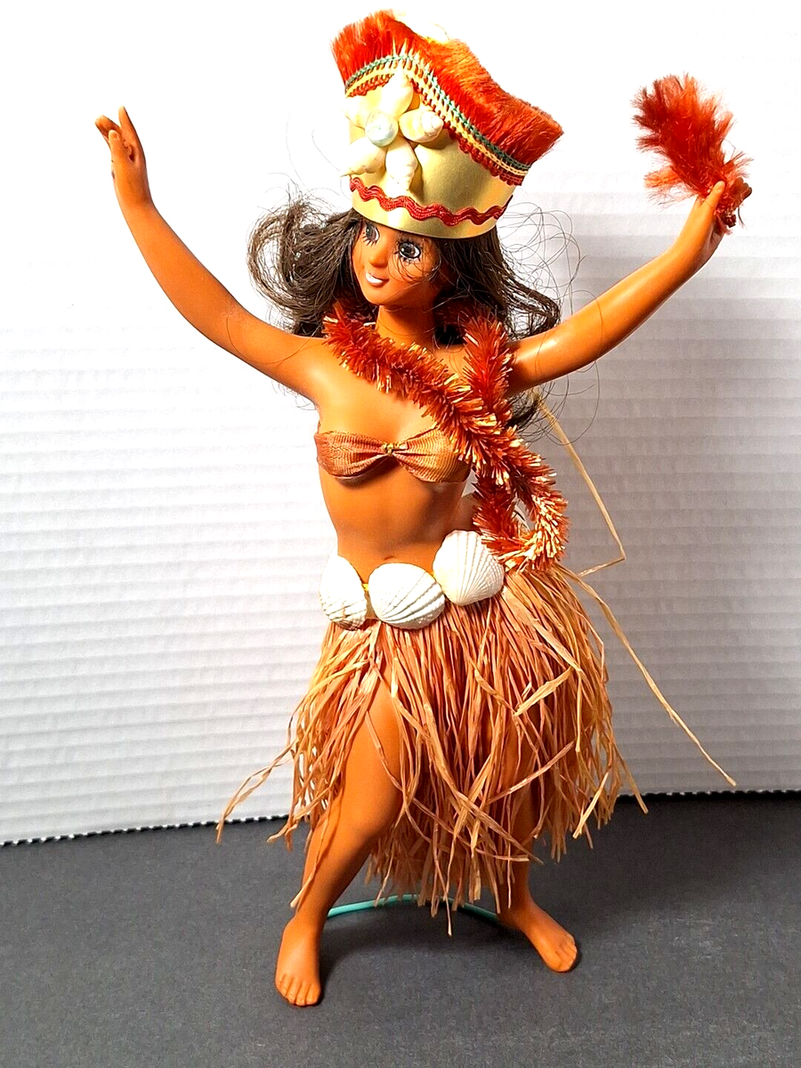 Hawaiian Hula Girl Vtg 1960s 11” Plastic Tiki Dancer Polynesian