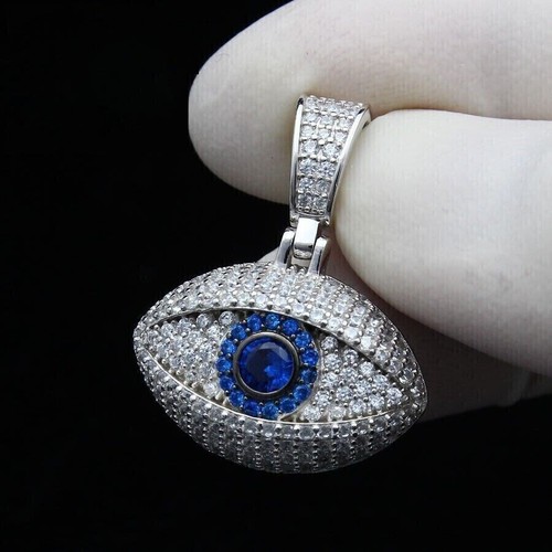 1.80Ct Round Lab-Created Sapphire Diamond Evil Eye Pendant 14K White Gold Plated - Picture 1 of 6