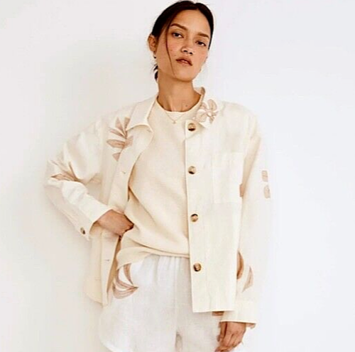 NWT MADEWELL Embroidered Crop Linen Shirt Jacket Womens L Tropicale Floral - Picture 2 of 14