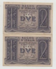ITALY 2 X 2 LIRE 1939 PICK 27 CONSECUTIVE NUMBERS LOOK SCANS