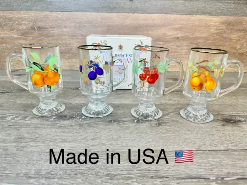 Royal Worcester Evesham Footed Iris Mugs Fruit Motif  Gold Rim 5 3/4”~ Set of 4
