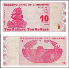 Zimbabwe 10 Dollars Banknote 2009 Uncirculated UNC Revised Trillion AA+ P-94