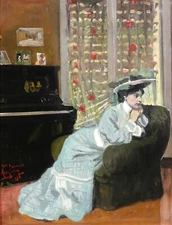 Auguste Auglay Painting Woman Interior Piano Impressionism