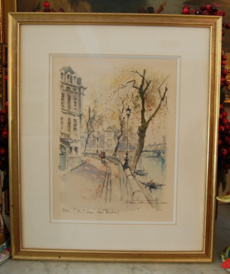 VTG 1960'S DENIS VERSPECHT ORIGINAL WATERCOLOR PARIS, ILE ST-LOUIS QUAI BOURBON
