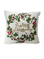 Merry Christmas Holiday Beaded Throw Pillow Holly Berries Square Decor 13"