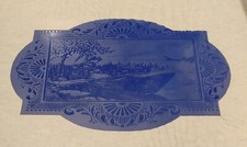 Antique VICTORIAN Acid Etched COBALT GLASS Woman In Boat Landscape FRAMED