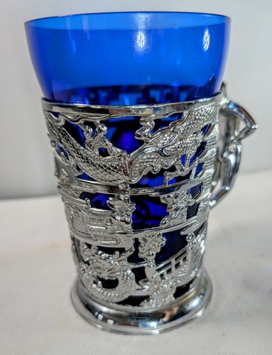 Vtg Beer Stein Mug Cobalt Blue Glass Metal Overlay Nude Woman Asian Dragon Scene - Picture 4 of 20