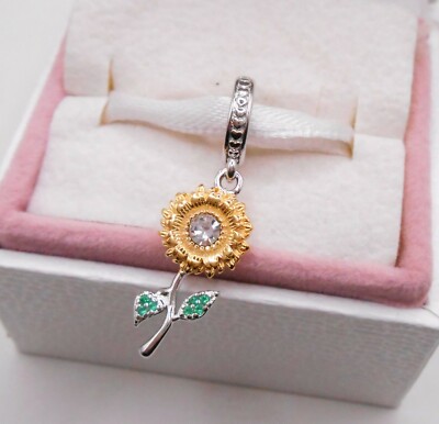 STERLING SILVER GOLDEN SUNFLOWER MAY YOU GLOW WITH HAPPINESS BRACELET CHARM BEAD