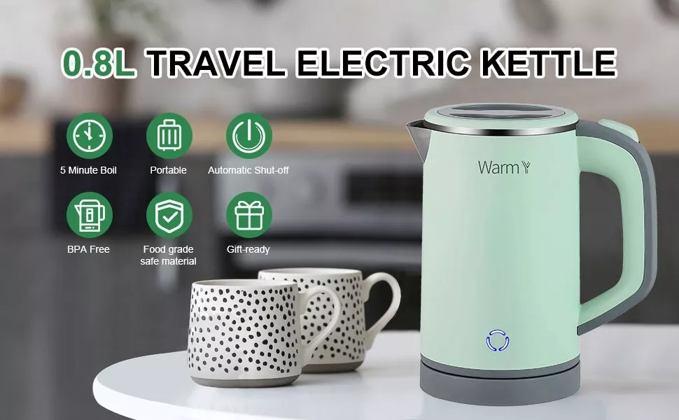 Small Electric Tea Kettle Stainless Steel, 0.8L Portable Mini Hot Water Boiler Heater, Travel Electric Coffee Kettle with Auto Shut-Off & Boil Dry