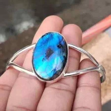 925 Sterling Silver Labradorite Gemstone Handmade Statement Cuff Bangle Si37