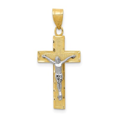 14K Gelb & Weißgold glänzend geschliffener Kruzifix Anhänger D3689