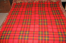 Vintage Wool Blend Throw Stadium Blanket Red/Black Plaid Fringed 52"X52"