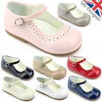 Baby Girls Shoes Spanish Style Patent Mary Jane Pink White Camel Red Navy Uk 1-8