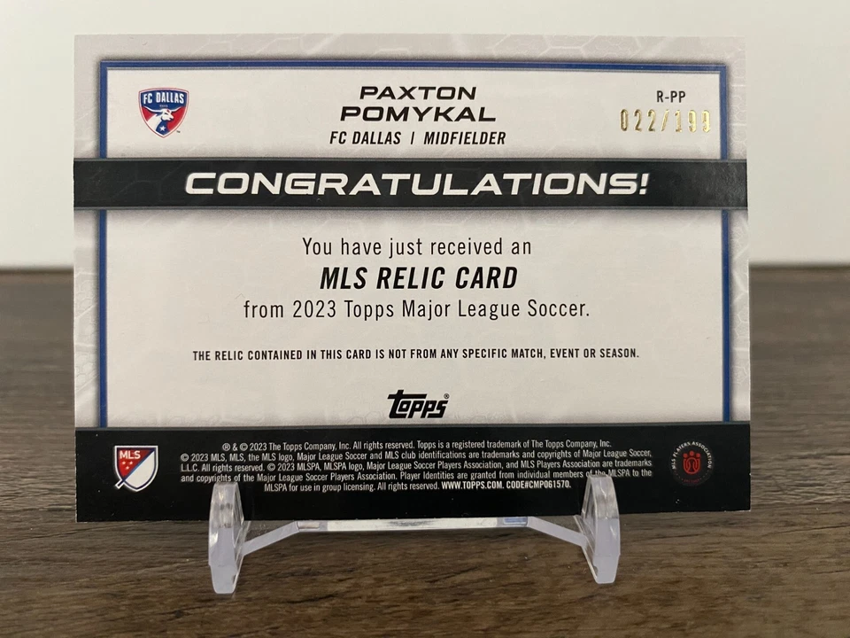 Paxton Pomykal #R-PP 2023 Topps MLS Relics Blue /199 FC Dallas - Image 2 of 2