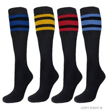 4 PK TUBE SOCKS COTTON 22 INCHES OLD SCHOOL SOCKS BLACK ASSORTED STRIPED COLORS