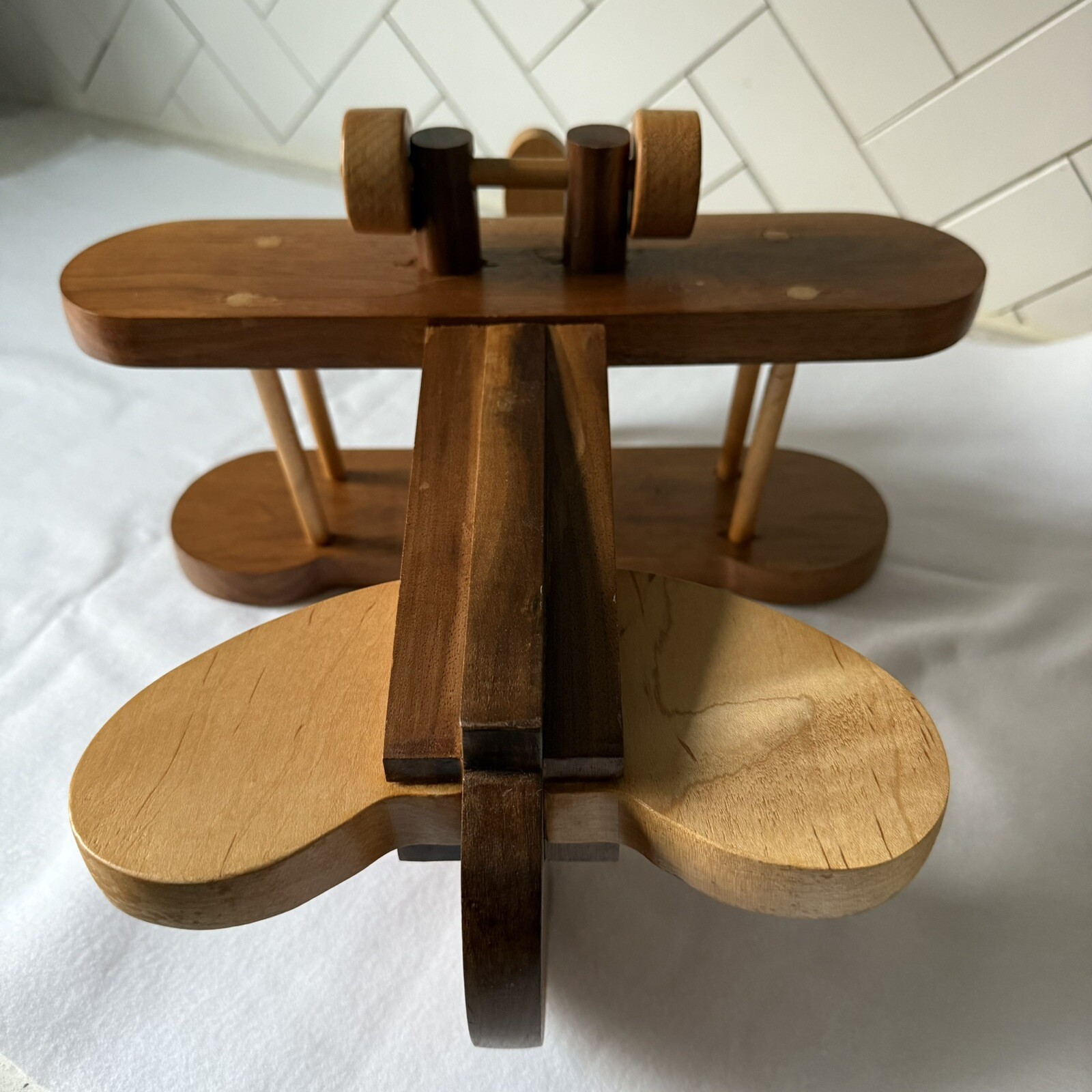 VTG Solid Wooden Airplane 14" x 14" Toy Bi-Plane (Wheels and Propeller Work) EUC