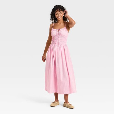 Women's Smocked Midi Dress - Universal Thread Pink Striped L | eBay