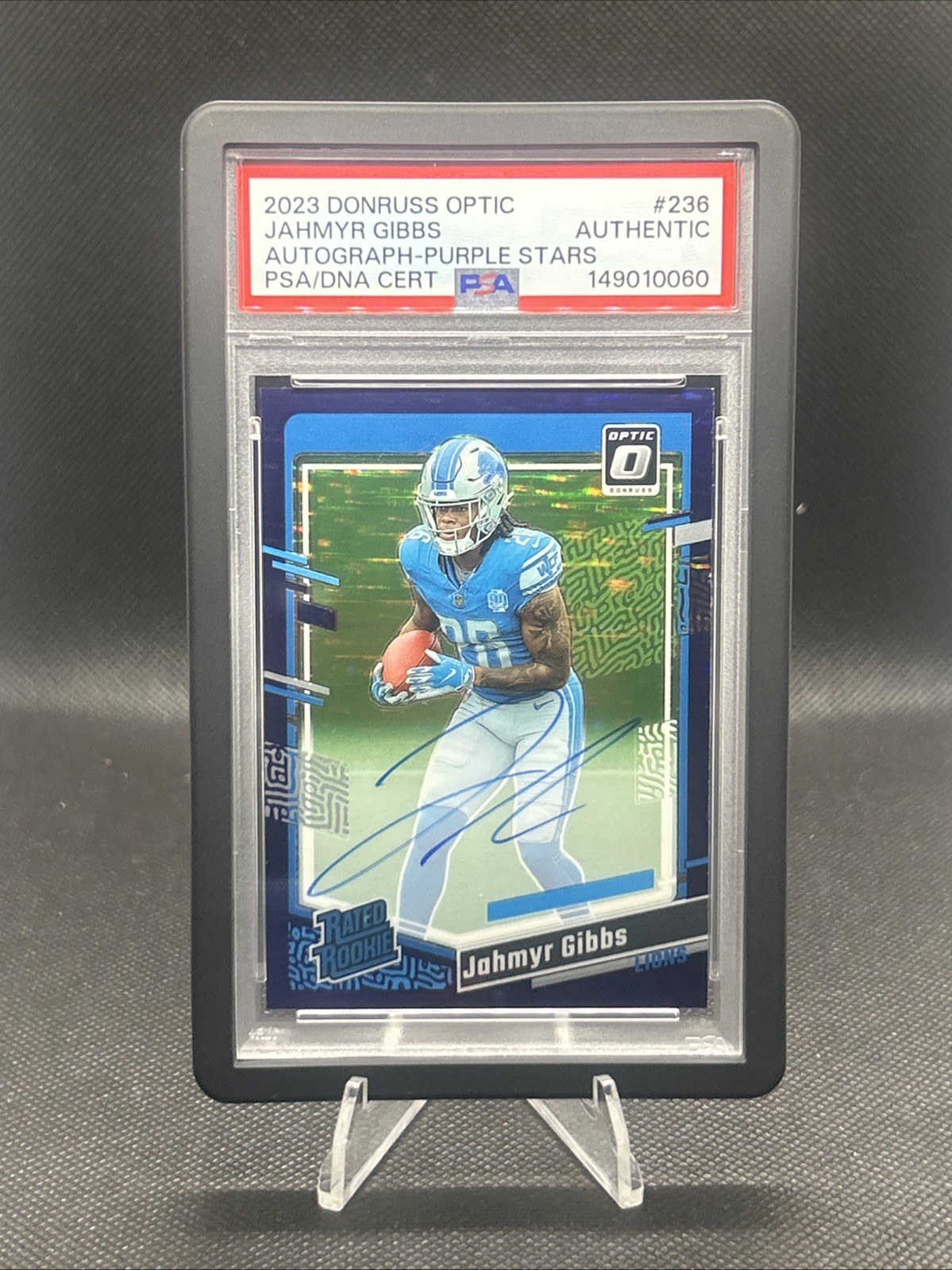 2023 Optic Rated Rookie Jahmyr Gibbs #236 Purple Stars Autographs 1/50 (AU, RC)