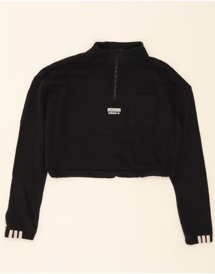 Adidas Damen Crop Zip Neck Sweatshirt Pullover UK 14 Medium schwarz Baumwolle DD74