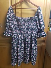 2X Shein Curve Navy Floral Puff Off Shoulder Sleeves Smocked Top Mini Dress