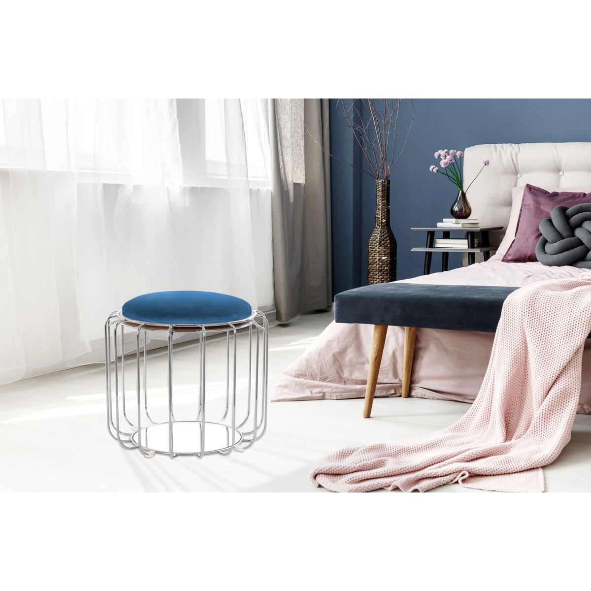 Pouf bleu 50cm table d'appoint argent bout de canapé rond confortable