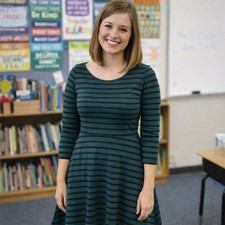 Old Navy Fit & Flare Dress Women XL Green Black Striped Stretch Knit School Easy