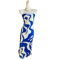 SNDYS Strapless Satin Maxi Dress Blue White Print Bodycon S