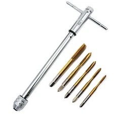 Ratchet T-Handle Tap Wrench Set with 5 Titanium Taps M3-M8, 9.8" Long Handle