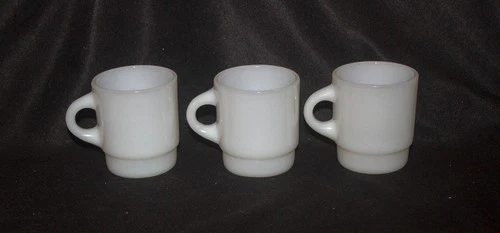 3 Anchor Hocking "Fire King"  Vintage Stackable C-Handle White Milk Glass Mugs
