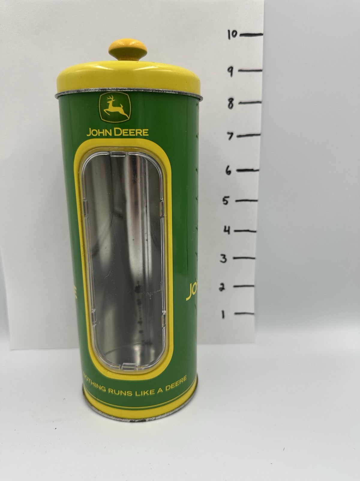 John Deere 8" Tin Straw Dispenser – Vintage Farm Kitchen Decor w/ Window