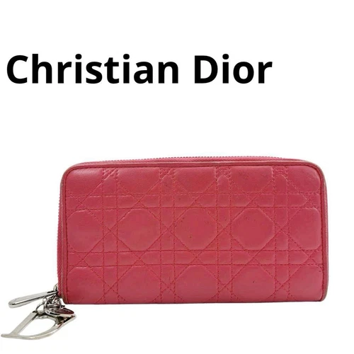 Authentique portefeuille long Christian Dior rond zip rose breloque argent 19,5 x 10,5 cm