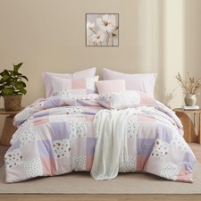 Queen Comforter Set, 7 Pieces Misty Pink Floral Seersucker Bed Comforter, Pat...