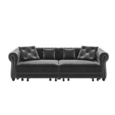 Chesterfield Pull Out Convertible Sofa Bed Velvet Couch w/ Ottoman Nailhead Trim
