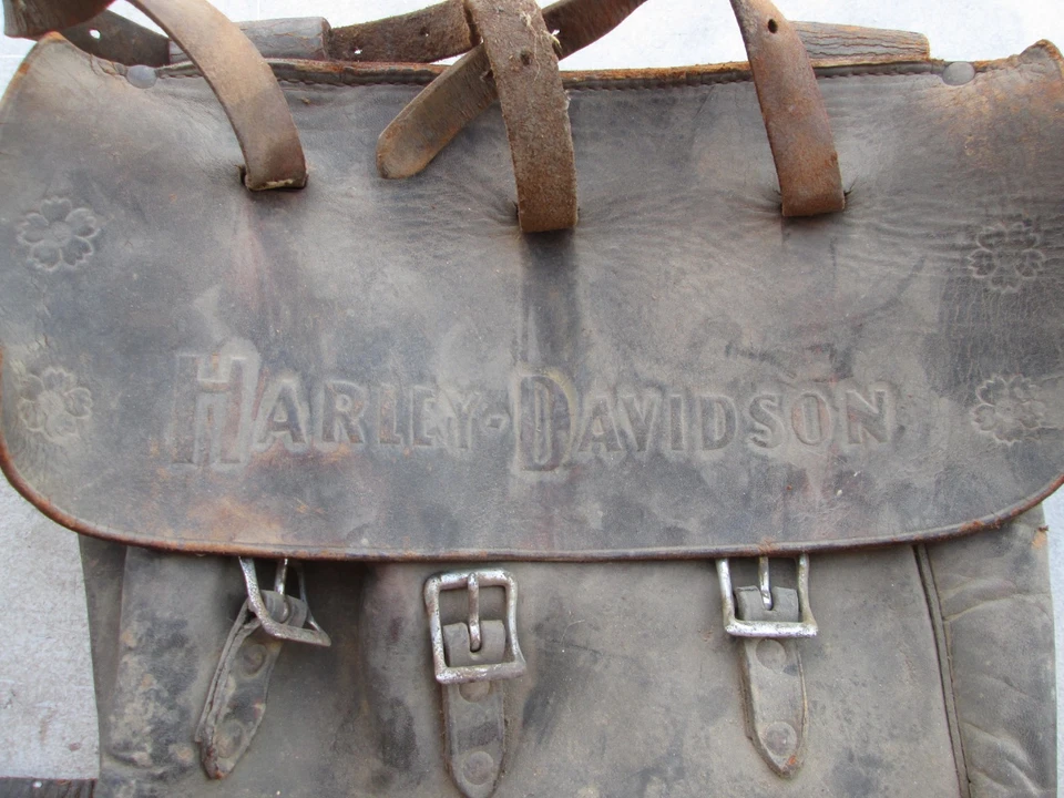 Alforja Harley-Davidson de cuero antigua cabeza plana JD 45 VL UL Foto 2 de 4