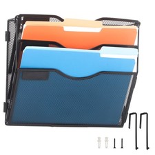 3 Pocket Mesh Hanging Wall File Organizer Hangers Nametag Label Document Black