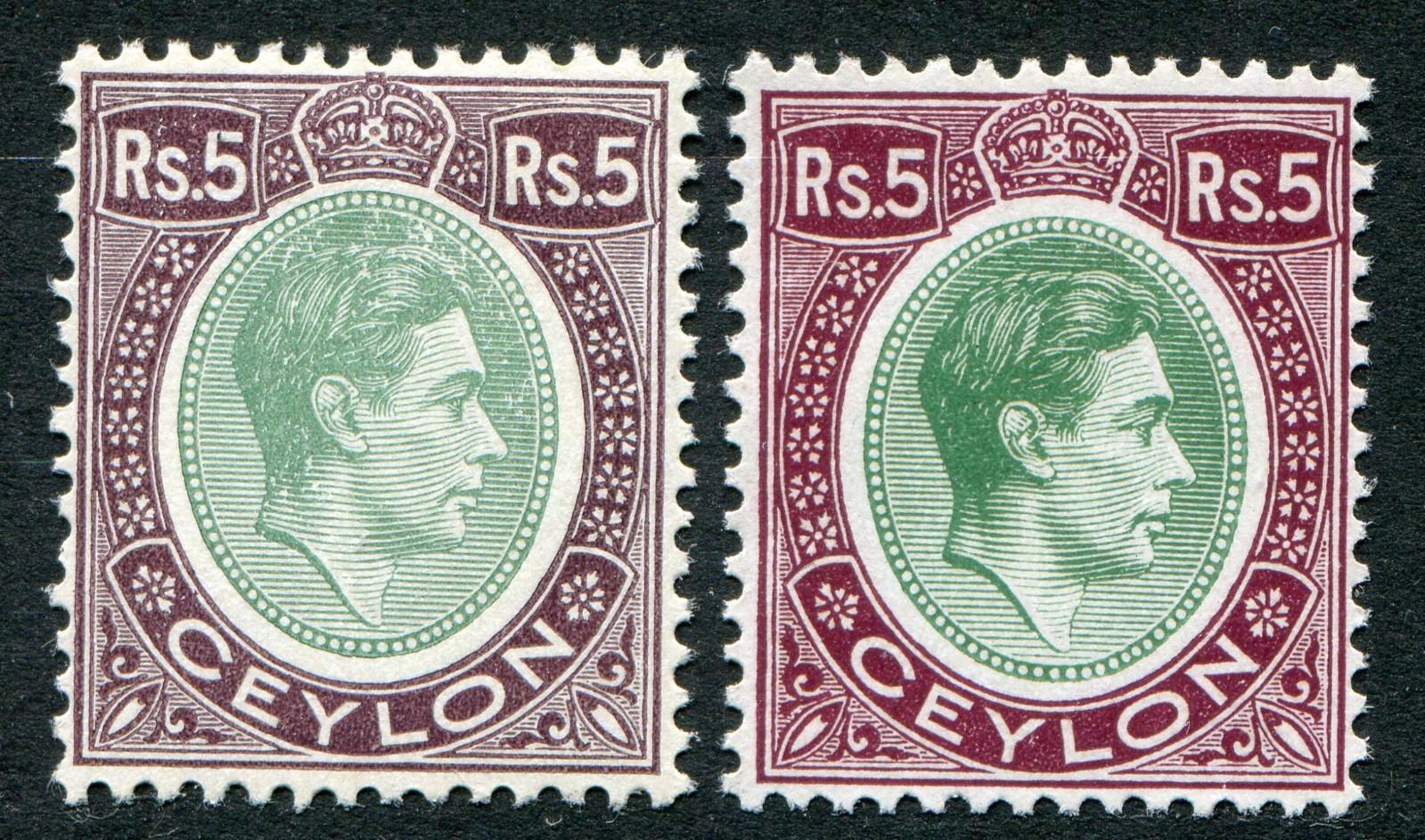 Ceylon 1938-48 5r x2 SG 397 & 397a hinged mint (cat. £115 as u/m) 'B'