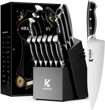 Knife Set with Block, Kitchen Knife Set 15-Piece with Sharpener - High Carbon