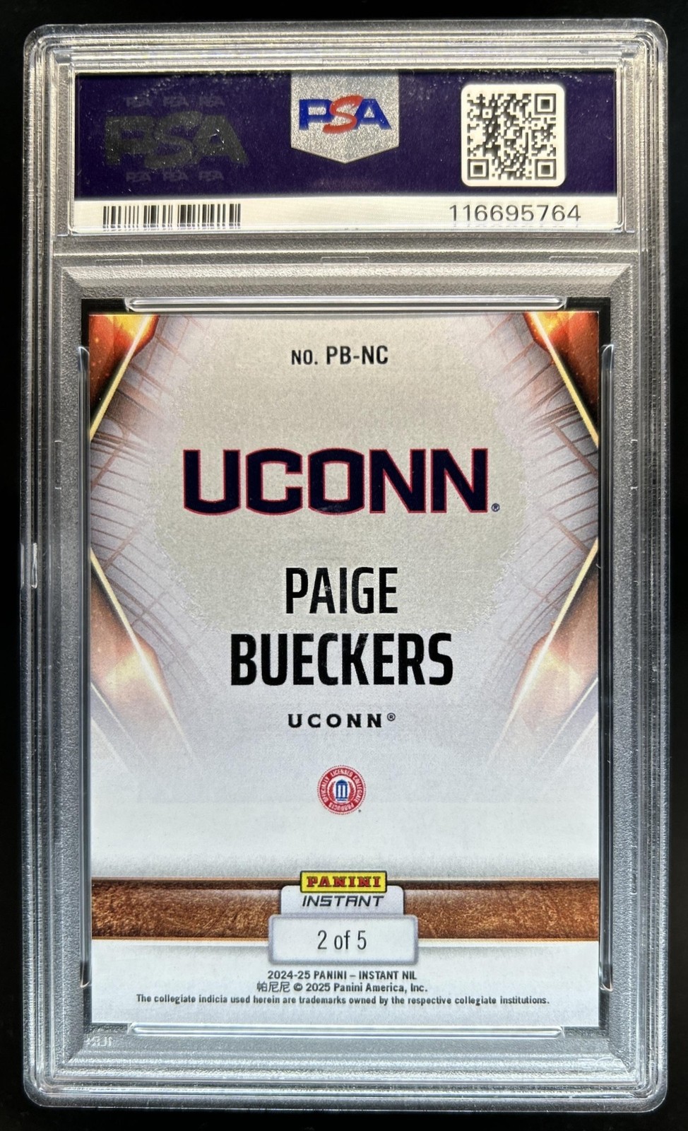 2024 Panini Instant NIL Paige Bueckers National Champ White Tiger #2/5 PSA 10 view 2